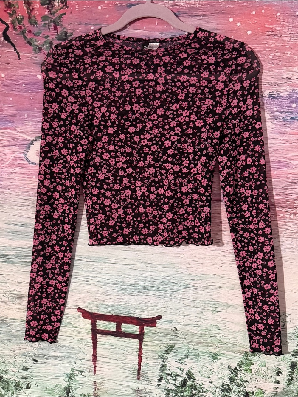 Women's Black & Pink Floral Long-Sleeve Crewneck Top